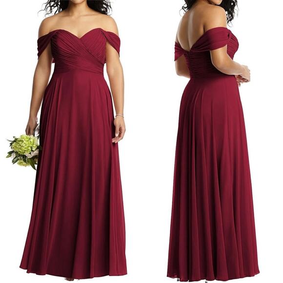 Dessy Collection Off Shoulder Draped Chiffon Maxi Dress Burgundy Women's 4 $284 - Picture 1 of 11